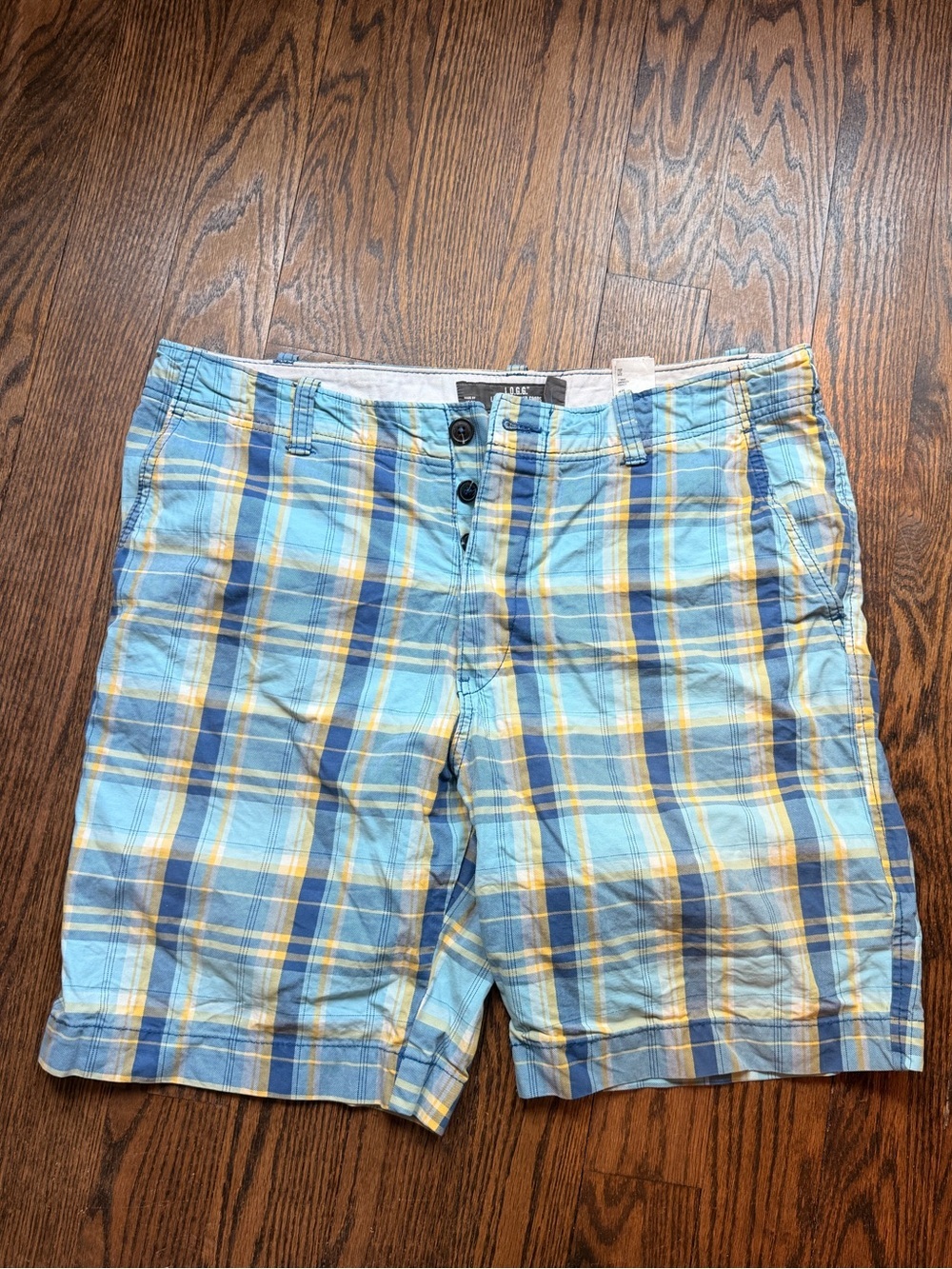 H&M Light Blue Plaid Shorts with Yellow and Navy Accents
